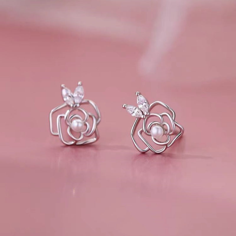 Sterling Silver Camellia Zircon Stud Earrings