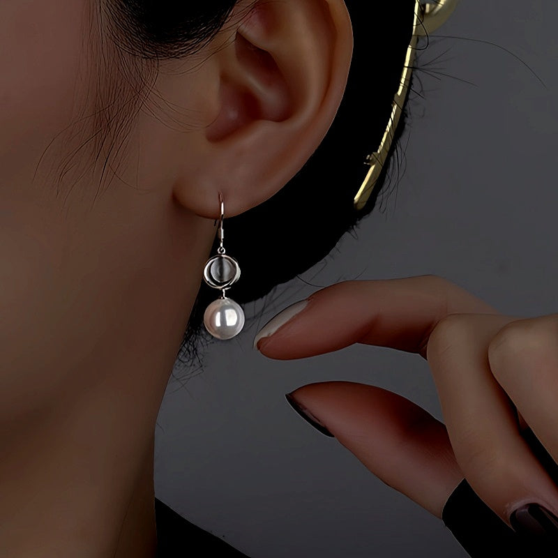 Sterling Silver Cat's Eye Stone Pearl Ear Hooks
