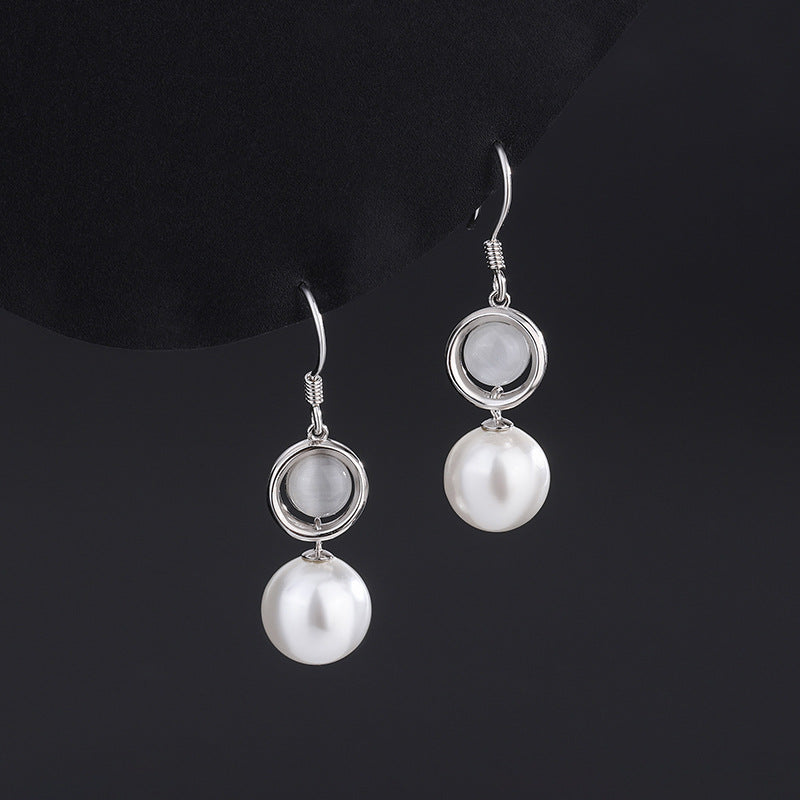 Sterling Silver Cat's Eye Stone Pearl Ear Hooks