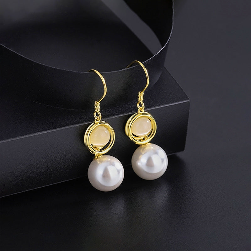 Sterling Silver Cat's Eye Stone Pearl Ear Hooks