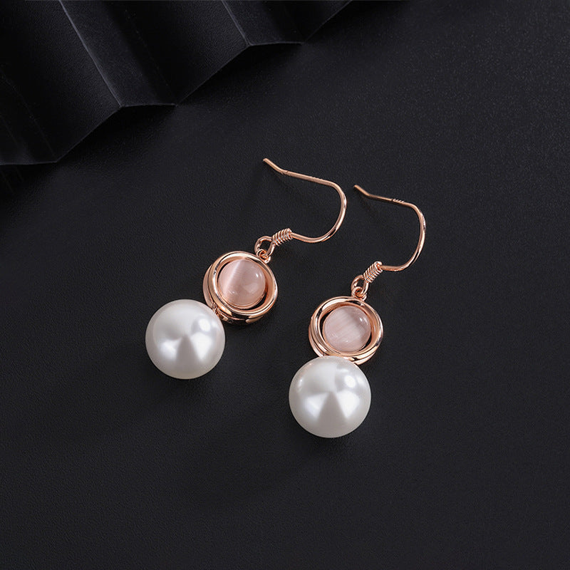 Sterling Silver Cat's Eye Stone Pearl Ear Hooks
