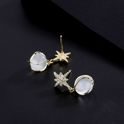 Sterling Silver Cat's Eye Stone Zircon Eight-Pointed Star Earrings
