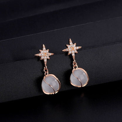 Sterling Silver Cat's Eye Stone Zircon Eight-Pointed Star Earrings