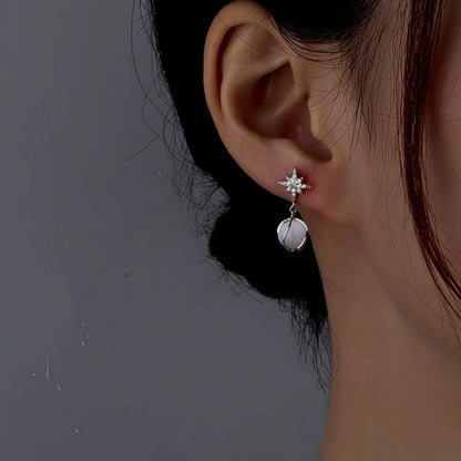 Sterling Silver Cat's Eye Stone Zircon Eight-Pointed Star Earrings