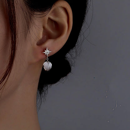 Sterling Silver Cat's Eye Stone Zircon Eight-Pointed Star Earrings