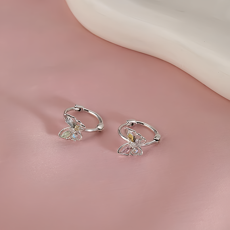 Sterling Silver Colorful Diamond Butterfly Hoop Earrings