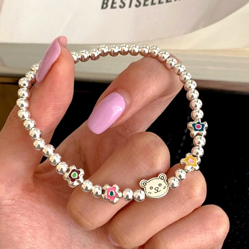 Sterling Silver Colorful Drip Glaze Flower Bear Beaded Bracelets