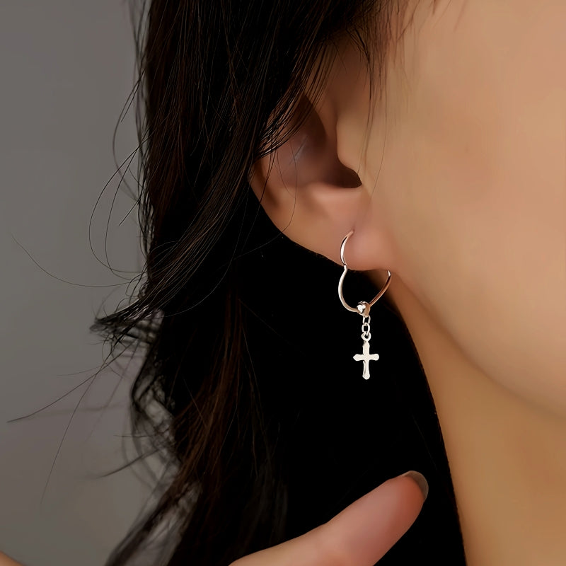 Sterling Silver Cross Heart Earrings