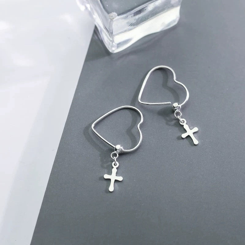 Sterling Silver Cross Heart Earrings