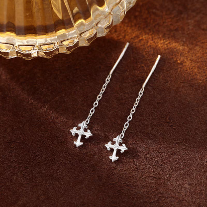 Sterling Silver Cross Tassel Threader Earrings