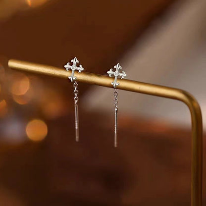 Sterling Silver Cross Tassel Threader Earrings