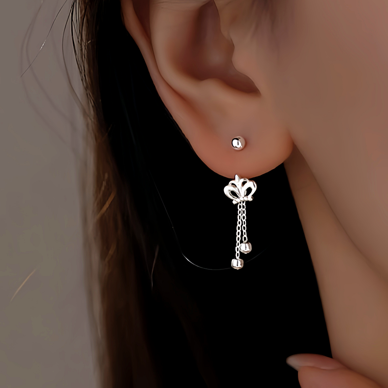 Sterling Silver Crown Tassel Screw Earrings