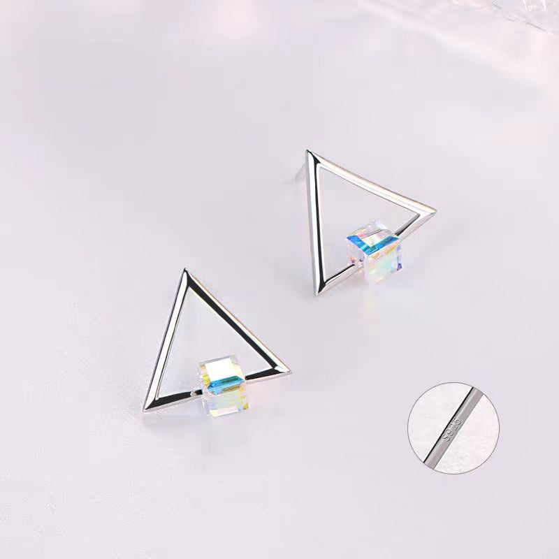 Sterling Silver Crystal Sugar Cube Triangle Earrings