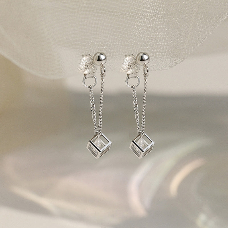 Sterling Silver Cube Diamond Zircon Earrings
