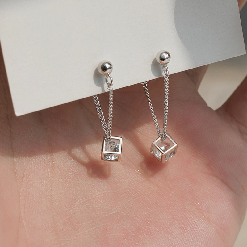 Sterling Silver Cube Diamond Zircon Earrings