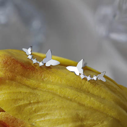 Sterling Silver Curved Double Butterfly Stud Earrings
