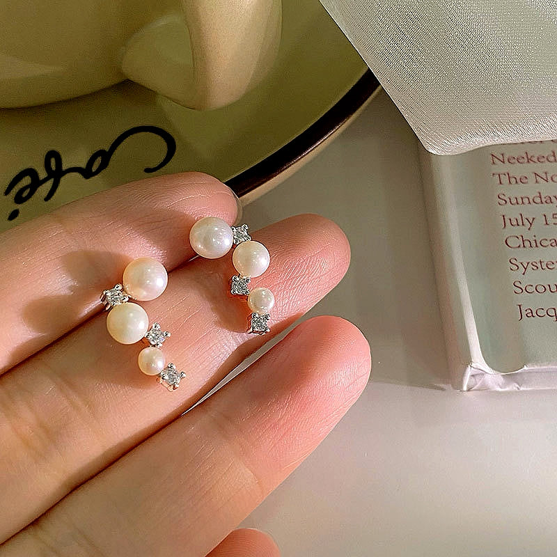 Sterling Silver Diamond And Pearl Stud Earrings