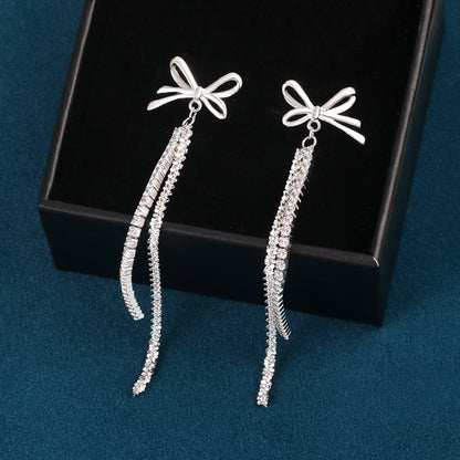 Sterling Silver Diamond Bow Tassel Earrings