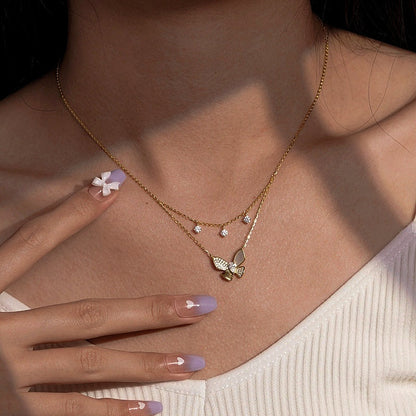 Sterling Silver Diamond Double-Layer Butterfly Necklace