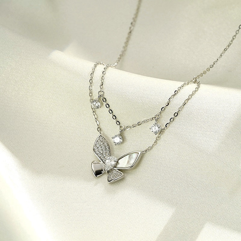 Sterling Silver Diamond Double-Layer Butterfly Necklace