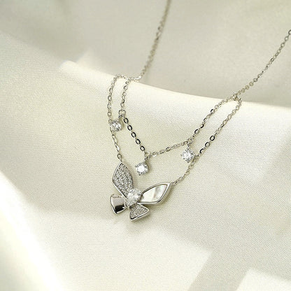 Sterling Silver Diamond Double-Layer Butterfly Necklace