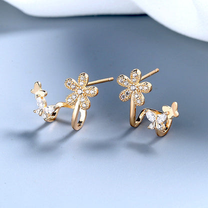 Sterling Silver Diamond Flower And Butterfly Earrings