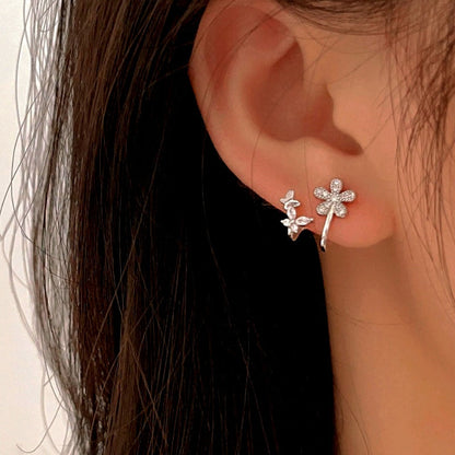 Sterling Silver Diamond Flower And Butterfly Earrings