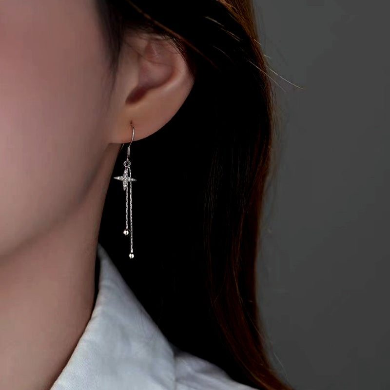 Sterling Silver Diamond Four-Pointed Star Bamboo Tassel Ear Hooks