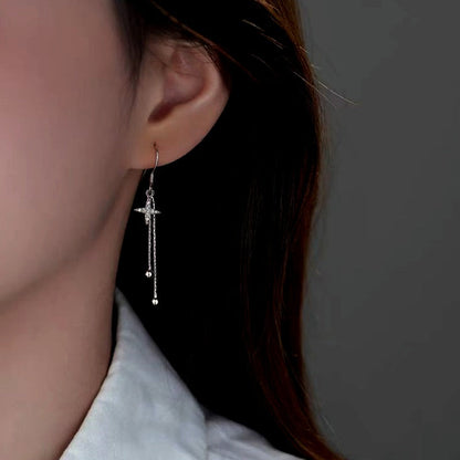 Sterling Silver Diamond Four-Pointed Star Bamboo Tassel Ear Hooks