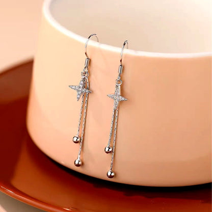 Sterling Silver Diamond Four-Pointed Star Bamboo Tassel Ear Hooks