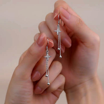 Sterling Silver Diamond Four-Pointed Star Bamboo Tassel Ear Hooks