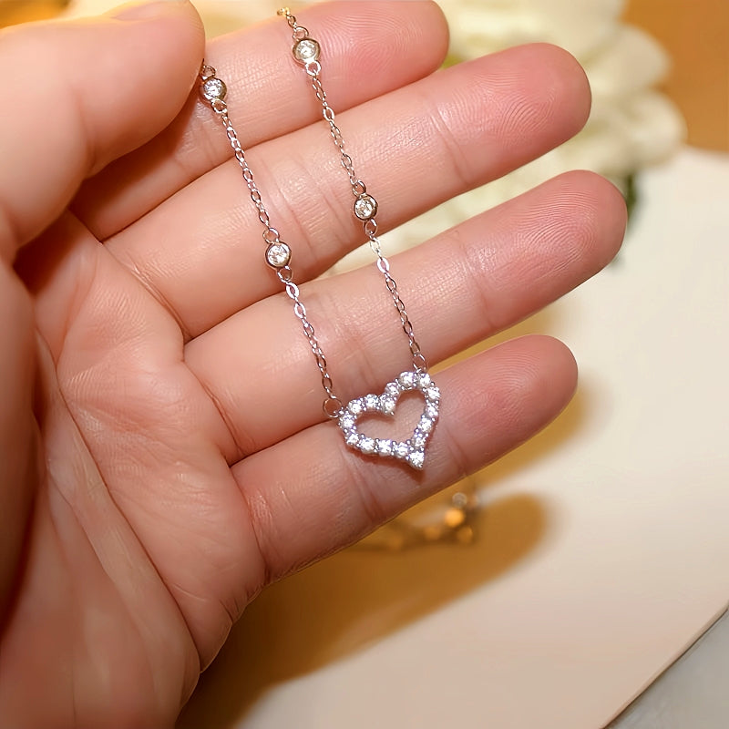 Sterling Silver Diamond Hollow Heart Necklaces