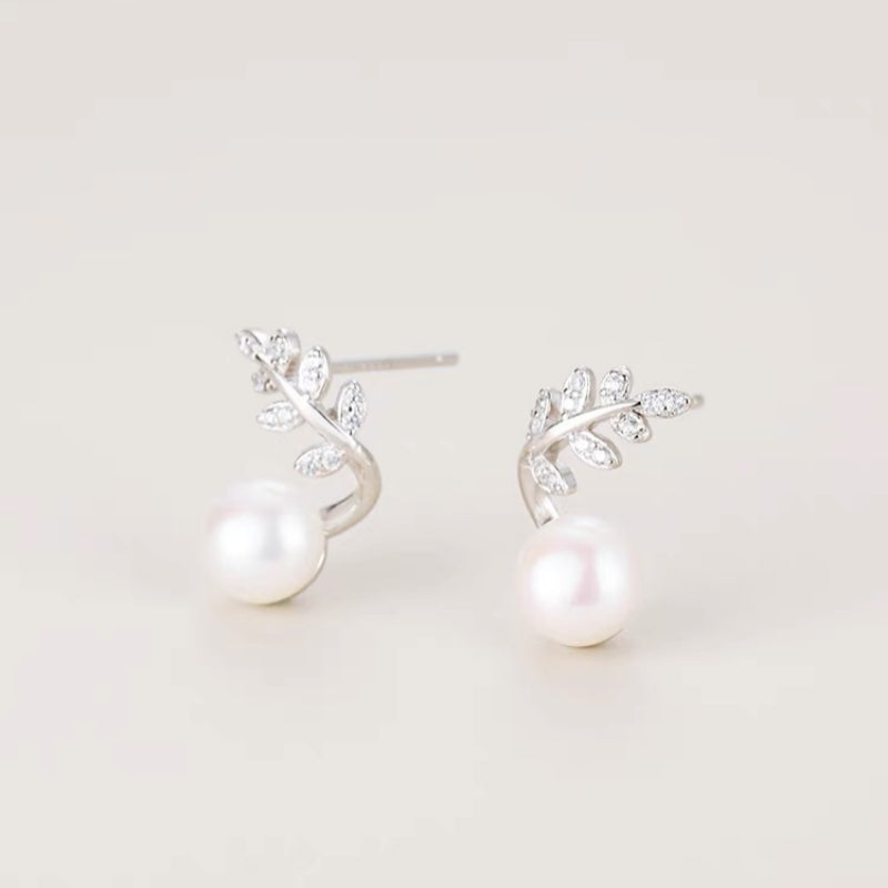 Sterling Silver Diamond Leaf Pearl Stud Earrings