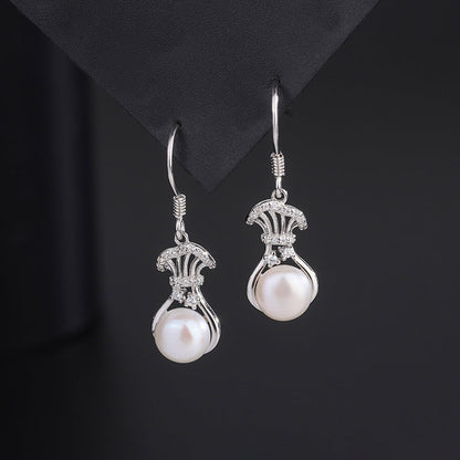 Sterling Silver Diamond Lucky Bag Pearl Ear Hooks