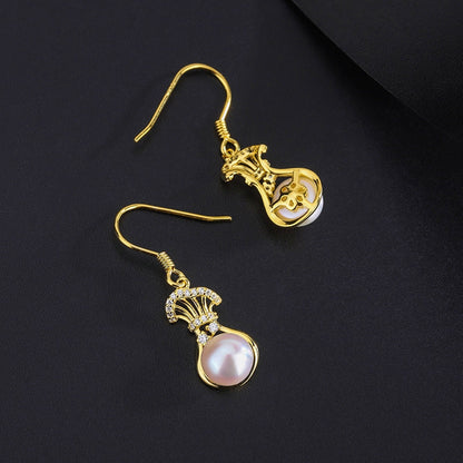 Sterling Silver Diamond Lucky Bag Pearl Ear Hooks