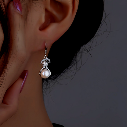 Sterling Silver Diamond Lucky Bag Pearl Ear Hooks