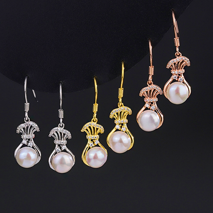 Sterling Silver Diamond Lucky Bag Pearl Ear Hooks
