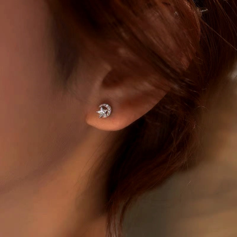 Sterling Silver Diamond Moon And Star Stud Earrings