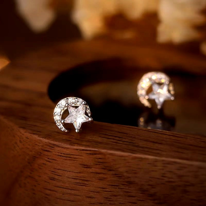 Sterling Silver Diamond Moon And Star Stud Earrings