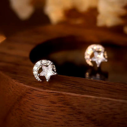 Sterling Silver Diamond Moon And Star Stud Earrings