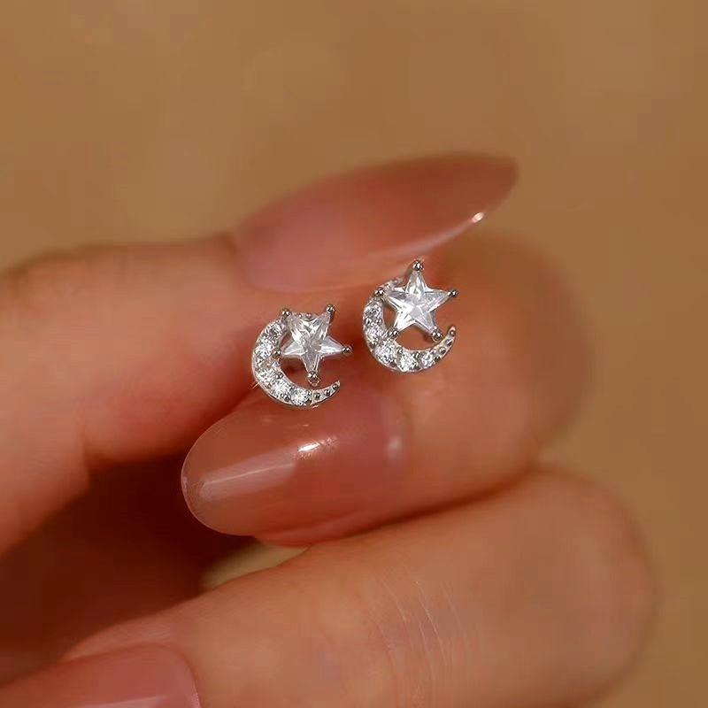 Sterling Silver Diamond Moon And Star Stud Earrings