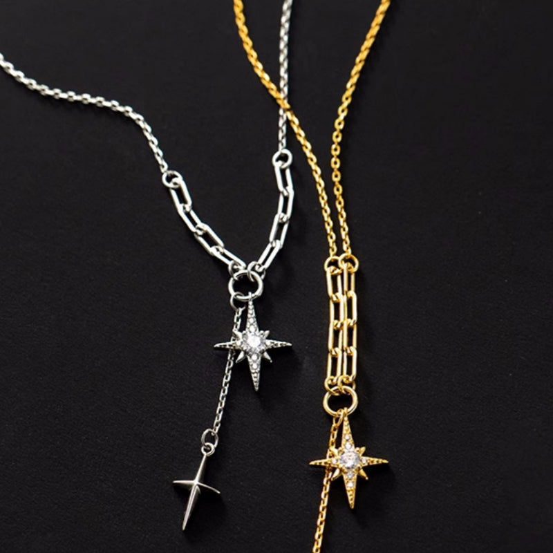 Sterling Silver Diamond Starburst Y-Shaped Clavicle Chain Necklaces