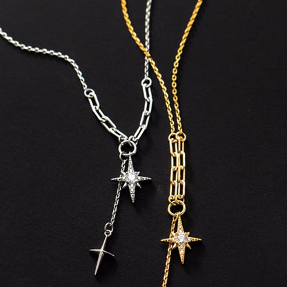 Sterling Silver Diamond Starburst Y-Shaped Clavicle Chain Necklaces