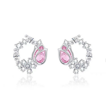Sterling Silver Diamonds And Pink Zircon Tulip Earrings