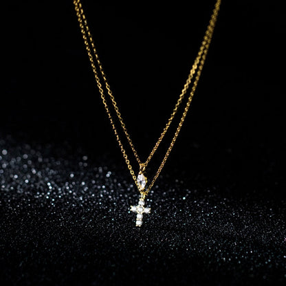 Sterling Silver Double-Layer Diamond Cross Necklace