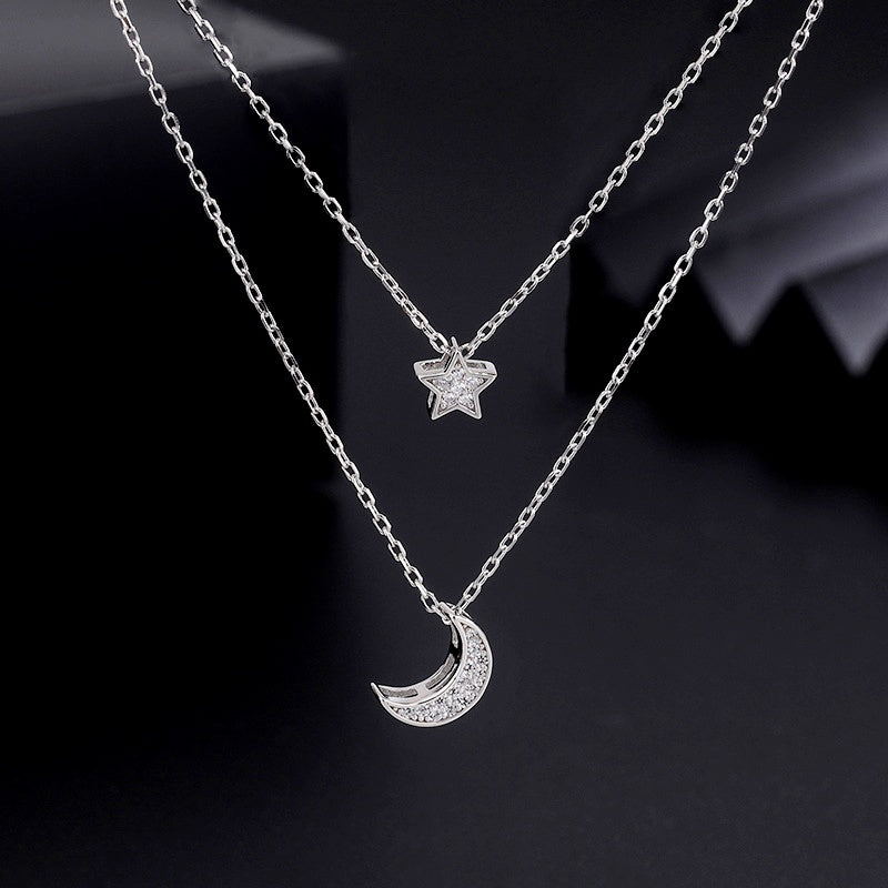 Sterling Silver Double-Layer Star And Moon Necklace