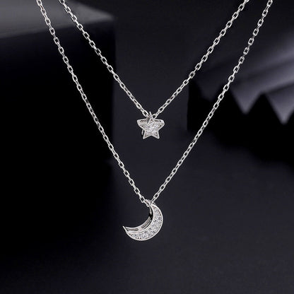Sterling Silver Double-Layer Star And Moon Necklace