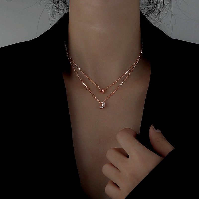 Sterling Silver Double-Layer Star And Moon Necklace