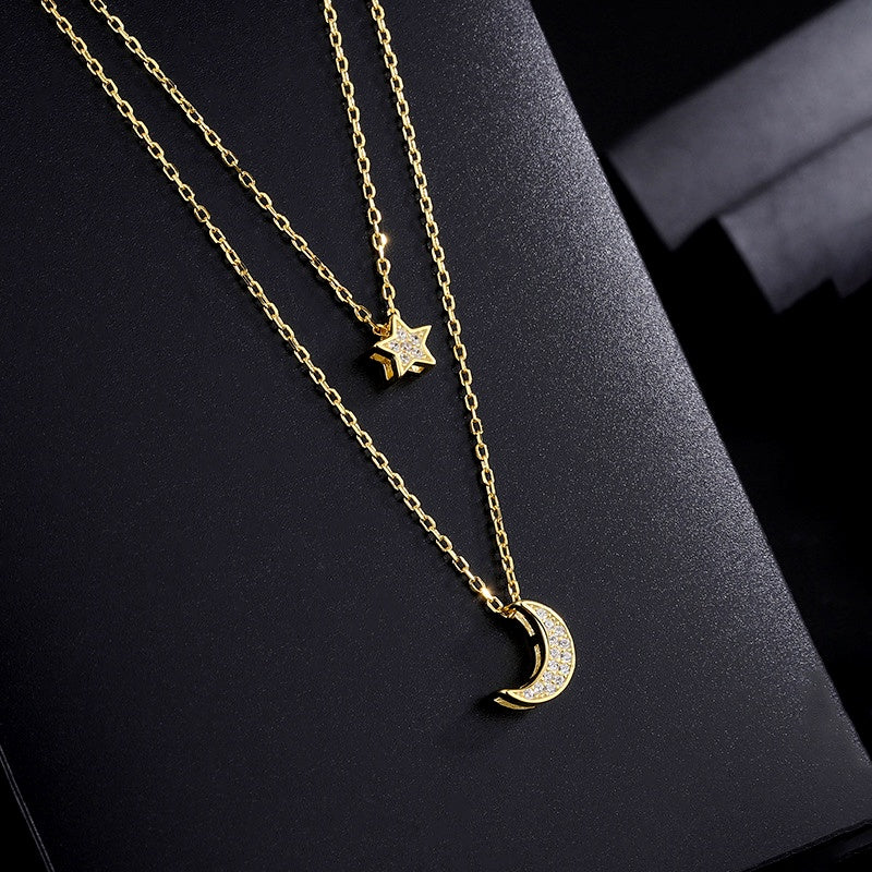 Sterling Silver Double-Layer Star And Moon Necklace