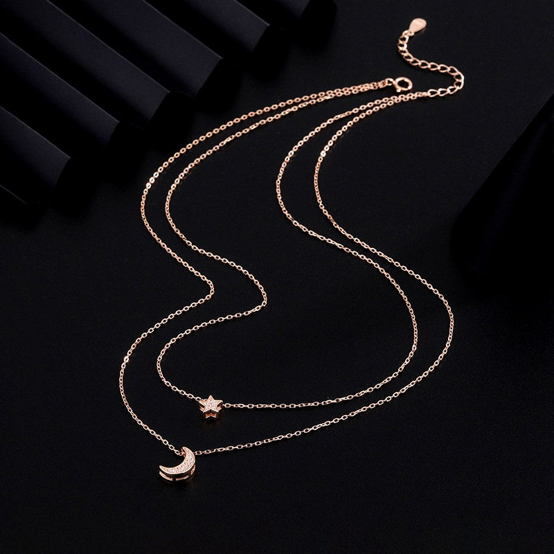 Sterling Silver Double-Layer Star And Moon Necklace